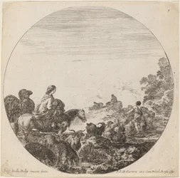Herders en kudde met vrouw en kameel
