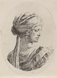 Sultane in een gesluierde tulband, van achteren gezien