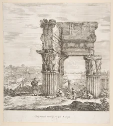 De tempel van Vespasianus en het Forum Romanum, uit Zes grote gezichten, vier van Rome en twee ..., 1656