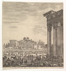De zuilen van de Tempel van Antoninus rechts, een deel van het Campo Vaccino in het midden