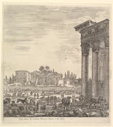 De zuilen van de Tempel van Antoninus rechts, een deel van het Campo Vaccino in het midden, 1656