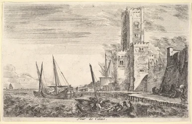 Toren van Calais Tour de Calais, toren rechts, twee schepen in de zee links en in het midden..., 1647