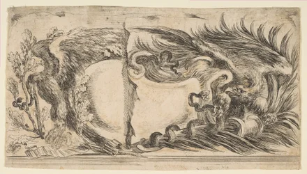 Twee verschillende helften van cartouches, elk een adelaar die vecht met een slang tonend, 1646