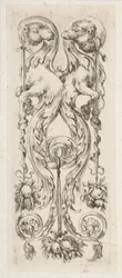 Twee tegenovergestelde kameelkoppen met lichamen eindigend in ornament, ca. 1653