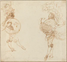 Twee mannen in gemaskerde kostuums: De aarde en een paradehelm, c. 1645