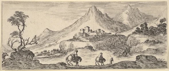 Twee ruiters dalen een heuvel af in het midden, volgend op een andere man te voet, een kasteel in de verte, ca. 1641