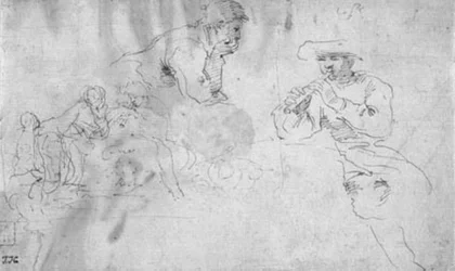 Twee studies voor een compositie van twee herders leunend op een grote rots, een speelt de fluit, de ander luistert