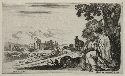 Verschillende figuren en landschappen: Een arme verpleegster zittend onder een boom, 1649