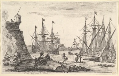 Uitzicht op een deel van Calais, een man zittend op een omgekeerde kano