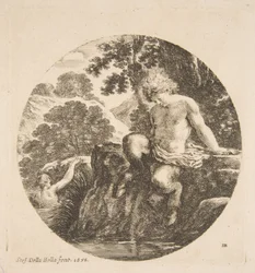 Jonge sater op het punt om in een rivier te baden, uit 