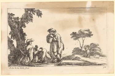 Twee pelgrims rusten uit bij een boom