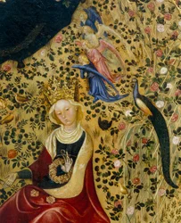 Sint Catharina van Alexandrië omringd door engelen en een pauw (detail van de Madonna del Roseto)