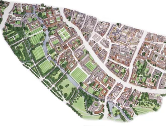 Luchtfoto van Cambridge (getekend 1996)