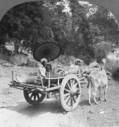 Familie op reis door de jungle bij Mingun, Birma, 1908