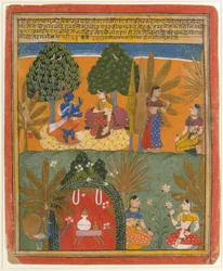 Krishna en Radha met hun vertrouwelingen: Pagina uit een verspreide Gita Govinda, ca. 1655-60