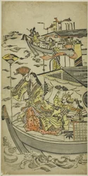 Lady Tamamushi die een waaierschijf omhoog houdt