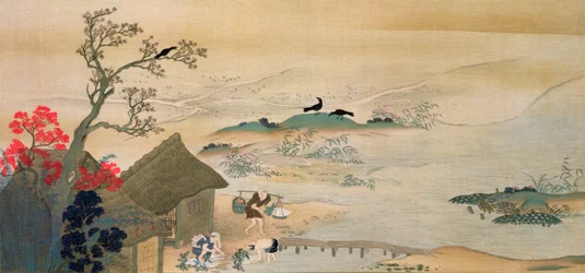 Boeren die Groenten Oogsten nabij Kyoto in de Middeleeuwen, gedrukt in 