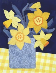 Vrolijke narcissen in een blauwe vaas