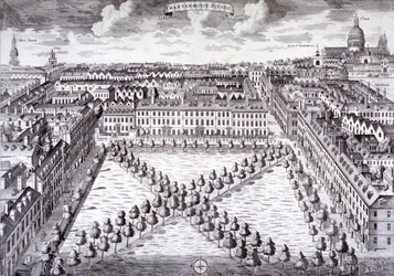 Vogelvlucht van Charterhouse Square, Finsbury, Londen, ca. 1750