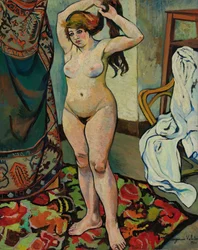 Gilbert naakt terwijl zij haar haar opmaakt, 1920