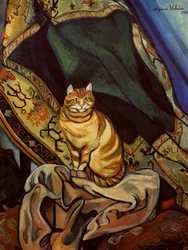 De kat Raminou zittend op een doek