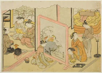 Een kopje sake voor het slapengaan (Toko sakazuki), het zesde blad van de serie "Huwelijk in Brokaatprenten, de Koets van de Deugdzame Vrouw (Konrei nishiki misao-guruma)"