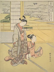 Een Jonge Man en Vrouw met een Shamisen, Monnik Saigyo