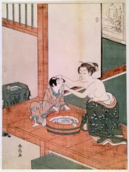 Een naakte moeder wast in Japan haar kind naast een met water gevulde kom. Prent van Suzuki Harunobu (1725-1770). 1766-1768. Afmetingen: 0,27 x 0,201 m. Parijs, Musée Guimet, Nationaal Museum voor Aziatische Kunst