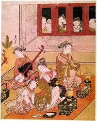 Muziek spelende courtisanes, blootgesteld aan de blikken van voyeurs. Japanse prent van Suzuki Harunobu (1725-1770). Omstreeks 1769. Afmetingen: 0,27 x 0,21 m. Parijs, Musée Guimet, Nationaal Museum voor Aziatische Kunst