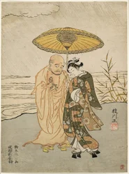 Daruma en een jonge vrouw in de regen