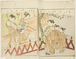 Dubbelpagina illustratie uit Vol. 2 van "Prentenboek van Lente Brokaten (Ehon haru no nishiki)"