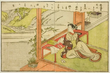 Dubbele Pagina Illustratie uit Vol. 2 van "Prentenboek van Lentebrocades (Ehon haru no nishiki)"