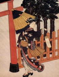 Pelgrimstocht op een regenachtige nacht, Japanse prent door Suzuki Harunobu