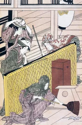 Dienaar die muizen jaagt in huis, ukiyo-e kunstdruk door Suzuki Harunobu (1725-1770), Japanse beschaving, Edo-periode