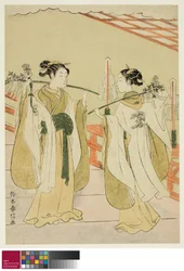Shrine Maagden Onami en Ohatsu Dansen bij Yushima Tenjin Shrine, ca. 1769