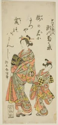 De acteur Segawa Kikunojo II als de courtisane Umegae in het stuk "Hiragana Seisuiki," uitgevoerd in het Ichimura Theater in de eerste maand, 1764