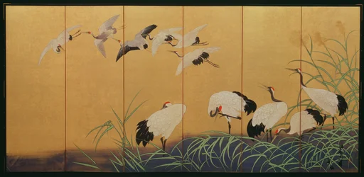 Zesvoudig scherm met riet en kraanvogels, Edo-periode, Japans (kleur op verguld zijde)