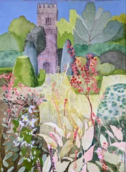 Middeleeuwse toren in een tuin, Dartington, 2022 (aquarel op papier)