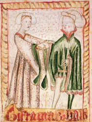 Een huwelijk, uit de nationale wetboeken van Magnus Eriksson (1319-64), ca. 1450