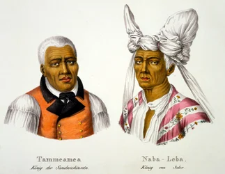 Tammeamea, Koning van de Sandwich Eilanden, in Europese kleding met Naba-Leba, Koning van Solor, in inheemse hoofdtooi en Europese kleding, uit Etnologische Studie van Verschillende Rassentypes van Verschillende Continenten