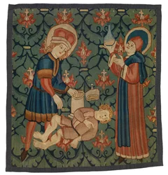 Wandtapijtfragment dat St. Cosmas en St. Damian uitbeeldt