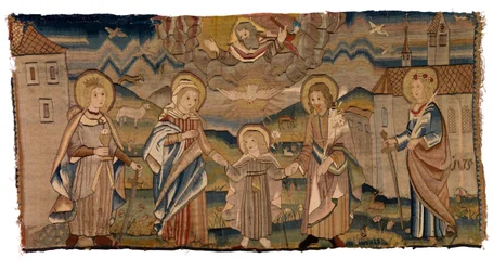 Wandtapijtpaneel dat St. Barbara, de Maagd Maria, de Heilige Drie-eenheid, St. Jozef en St. Catharina of Incarnatie met Heiligen Barbara en Catharina uitbeeldt