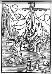 De legende van Sint Brendan (Brandan), held en Ierse heilige van de 6e eeuw. Schepen zinken in de Cleves Zee. Gravure van 
