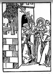 De legende van Sint Brendan (Brandan), held en Ierse heilige van de 6e eeuw. Een van de monniken wordt gevangengenomen. Gravure van "Die Wunderbare Meerfahrt des Hl. Brandan." Bale