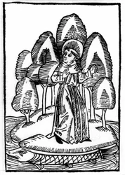 De legende van Sint Brendan (Brandan), held en Ierse heilige uit de 6e eeuw. De heilige bevindt zich op een bos op de rug van een vis. Gravure uit 