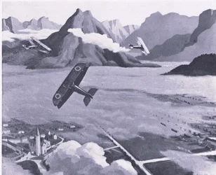 Britse verkenners verlaten hun vliegveld voor patrouille boven het Asiago Plateau, Italië, uit British Adventure gepubliceerd door Collins, 1947