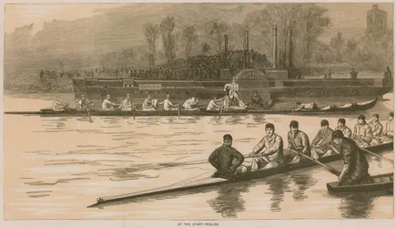 Herinneringen aan een Oxford en Cambridge bootrace: Bij de start - Peeling