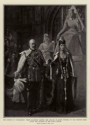 De opening van het parlement, hun Majesteiten passeren het standbeeld van Koningin Victoria in de Prinsenkamer, na het voorlezen van de troonrede