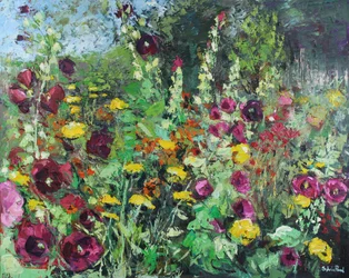 Tuin met stokrozen, 2021 (olieverf op doek)