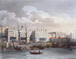 Douanehuis vanaf de rivier de Theems, uit Ackermann